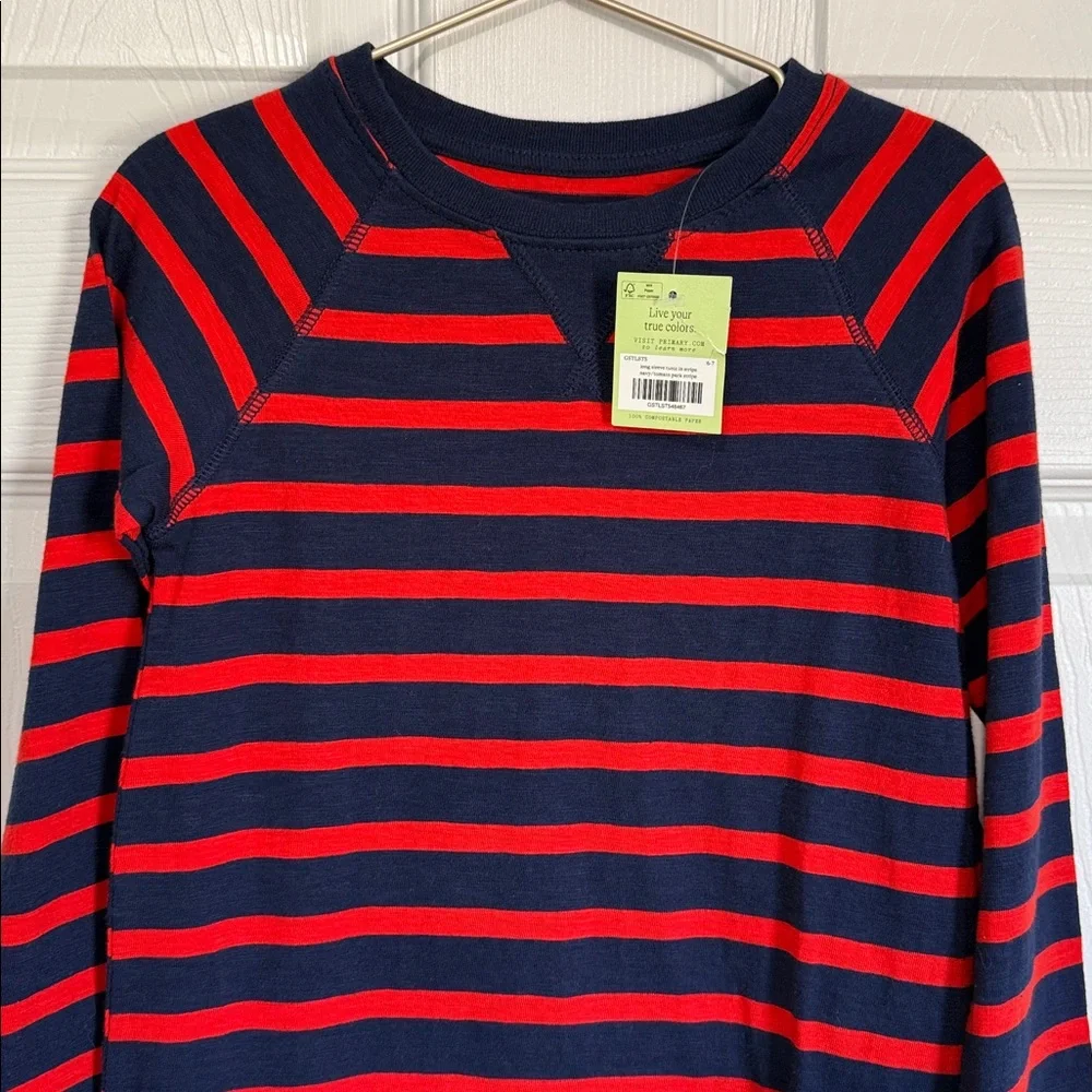 Primary Kids Long Sleeve Tunic Tees - Navy and Red Stripes